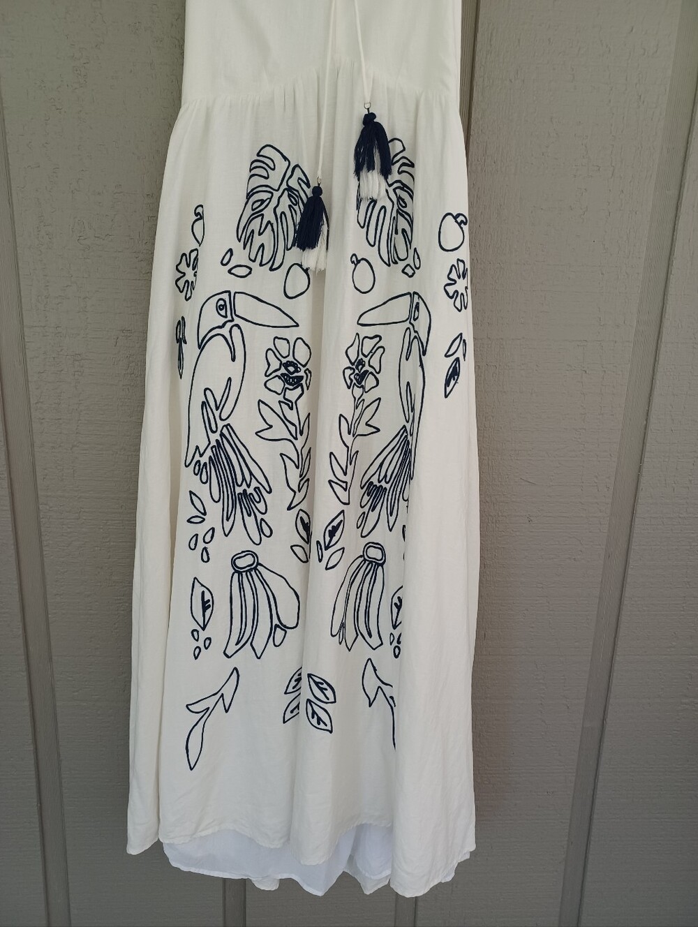 Farm Rio Embroidered Halter Maxi Dress Size XL Linen Blend Tassel Open Back Wome - Picture 12 of 16